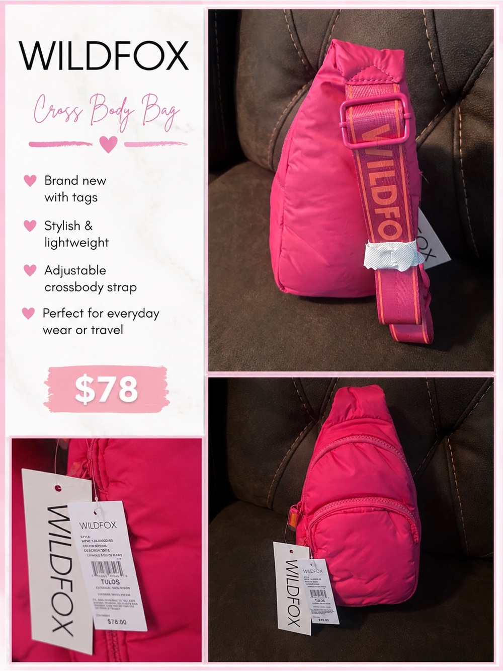 WILDFOX Bright Pink Kids Crossbody Sling Bag with Logo Strap